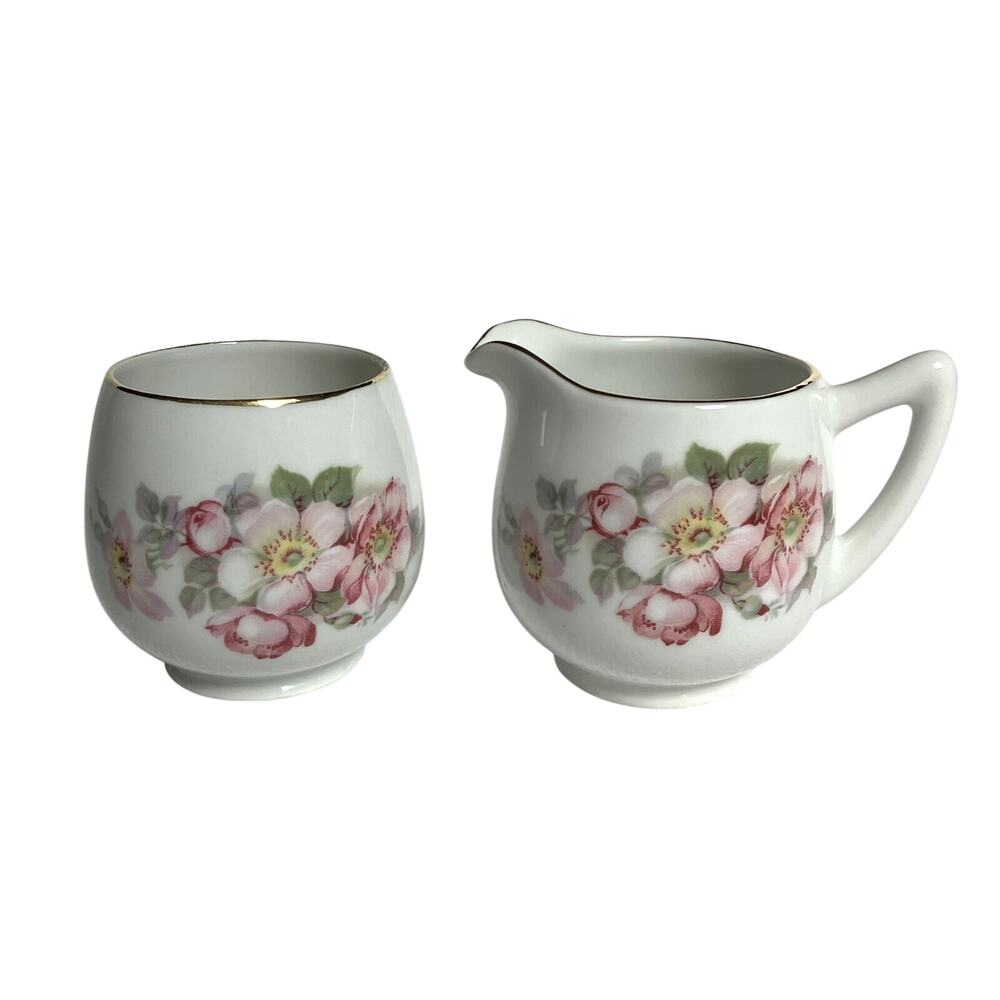 Pink Floral Sugar Creamer Set Gold Rimmed Schumann Arzberg Germany Vintage